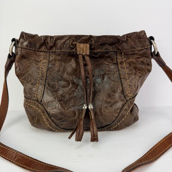 Vintage Fossil Brown Floral Embossed Leather Drawstring Satchel Crossbody Bag - Picture 1 of 14